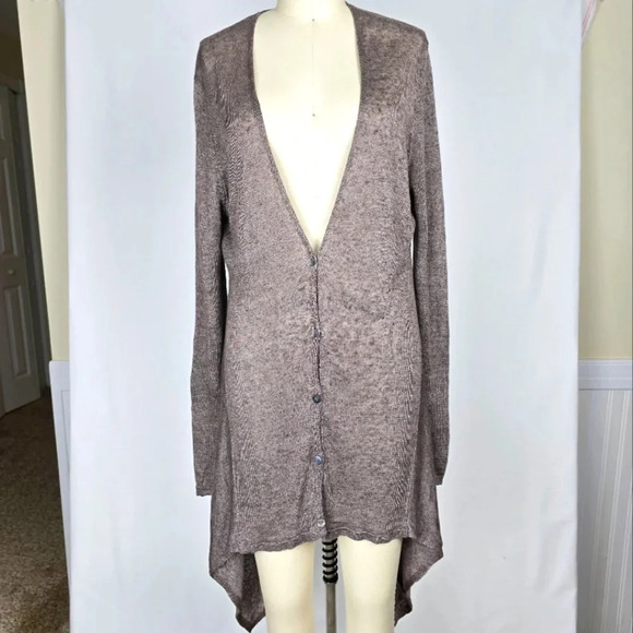 Eileen Fisher 100% Linen Lagenlook Flowy Cardigan Sweater Sharkbite Hem Brown M - Picture 3 of 16